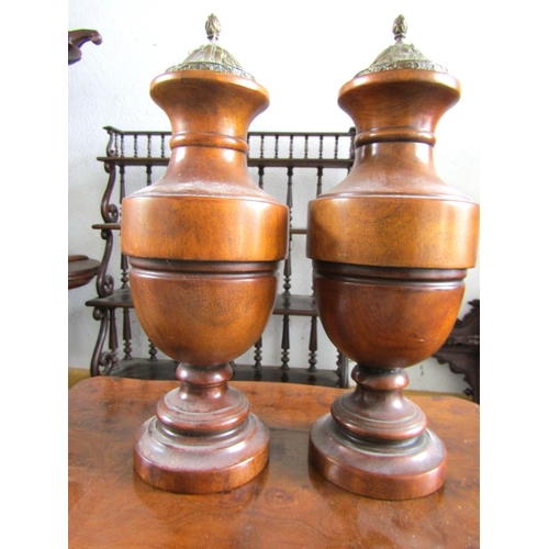 1126 - Pair of Carved Walnut Table Urns with Original Covers Turned Pedestal Bases Each Approximately 16 In... 