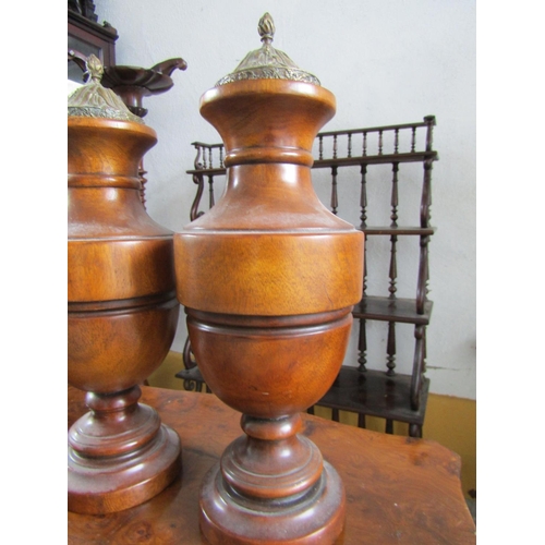 1126 - Pair of Carved Walnut Table Urns with Original Covers Turned Pedestal Bases Each Approximately 16 In... 