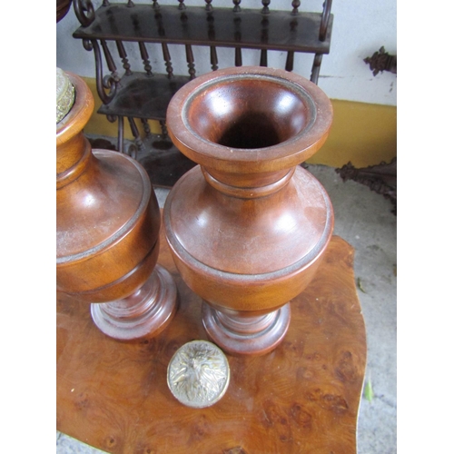 1126 - Pair of Carved Walnut Table Urns with Original Covers Turned Pedestal Bases Each Approximately 16 In... 