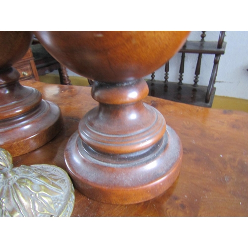 1126 - Pair of Carved Walnut Table Urns with Original Covers Turned Pedestal Bases Each Approximately 16 In... 