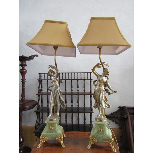 1129 - Pair of Figural Form Table Lamps Pagoda Form Shades Each Electrified Working Order Each Approximatel... 