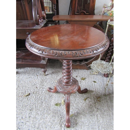 1131 - Victorian Rosewood Circular Top Occasional Table Well Carved Centre Column Support Above Tripod Base... 