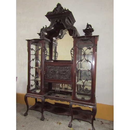 1137 - Large Victorian Mahogany Display Cabinet Mirrored Inset Plate with Glazed Side Doors Well Carved Sup... 