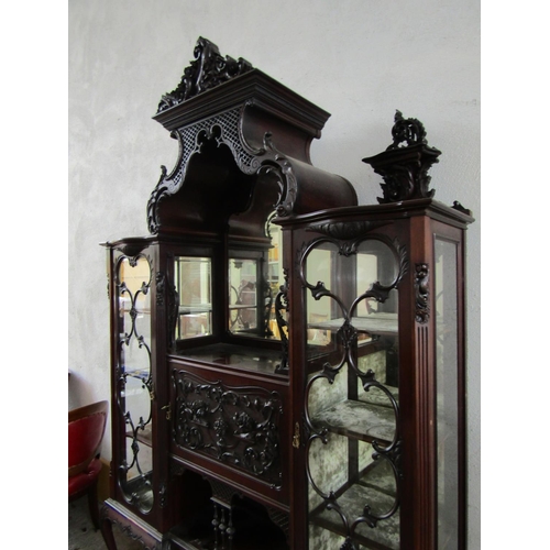 1137 - Large Victorian Mahogany Display Cabinet Mirrored Inset Plate with Glazed Side Doors Well Carved Sup... 