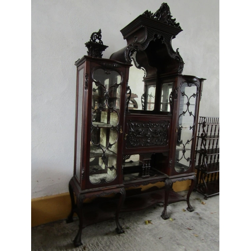 1137 - Large Victorian Mahogany Display Cabinet Mirrored Inset Plate with Glazed Side Doors Well Carved Sup... 