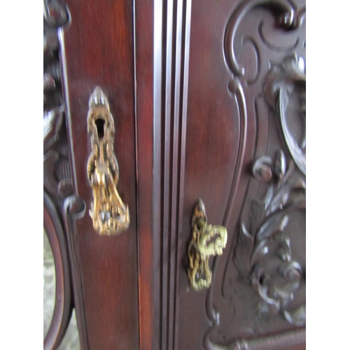 1137 - Large Victorian Mahogany Display Cabinet Mirrored Inset Plate with Glazed Side Doors Well Carved Sup... 