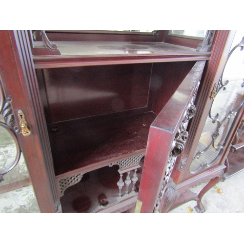 1137 - Large Victorian Mahogany Display Cabinet Mirrored Inset Plate with Glazed Side Doors Well Carved Sup... 