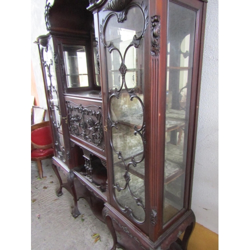 1137 - Large Victorian Mahogany Display Cabinet Mirrored Inset Plate with Glazed Side Doors Well Carved Sup... 