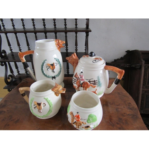 1138 - Hunt Motif Four Part Porcelain Tea Set Tallest Approximately 12 Inches High