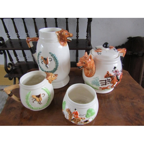 1138 - Hunt Motif Four Part Porcelain Tea Set Tallest Approximately 12 Inches High