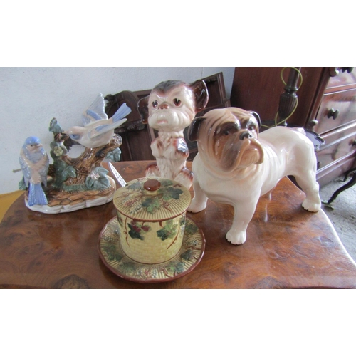 1140 - Four Pieces of Porcelain Including Two Dog Figures and Honey Pot Largest Approximately 6 Inches High