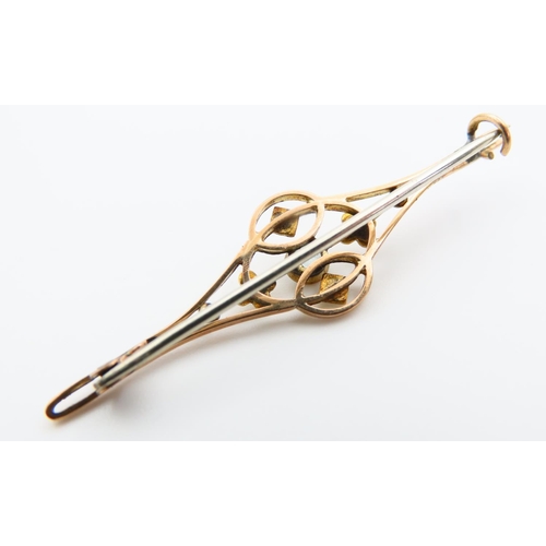 119 - Aquamarine Centre Stone 9 Carat Yellow Gold Bar Brooch with Scroll and Filigree Decoration 5cm Wide