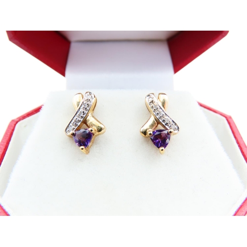 129 - Pair of Amethyst and Diamond Set 9 Carat Yellow Gold Ladies Earrings Each 1.5cm High