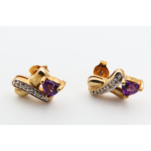 129 - Pair of Amethyst and Diamond Set 9 Carat Yellow Gold Ladies Earrings Each 1.5cm High