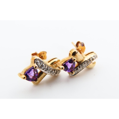 129 - Pair of Amethyst and Diamond Set 9 Carat Yellow Gold Ladies Earrings Each 1.5cm High