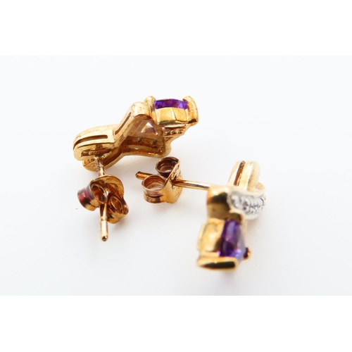 129 - Pair of Amethyst and Diamond Set 9 Carat Yellow Gold Ladies Earrings Each 1.5cm High