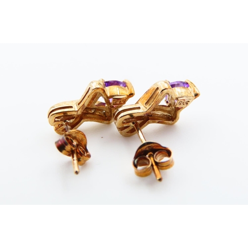 129 - Pair of Amethyst and Diamond Set 9 Carat Yellow Gold Ladies Earrings Each 1.5cm High