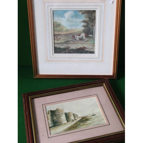 Two Watercolours Coastal Landscape and Hunting Dog Largest Approximately 6 Inches Wide x 8 Inches High