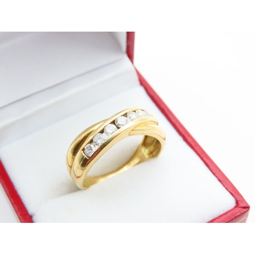 134 - 18 Carat Yellow Gold Cross Over Ring Inset with Diamonds Attractively Detailed Size R