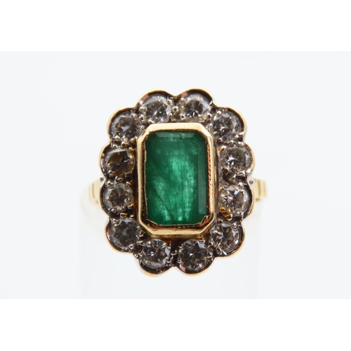 136 - Emerald and Diamond Cluster Ring Platinum Set Mounted on 18 Carat Yellow Gold Band Size N