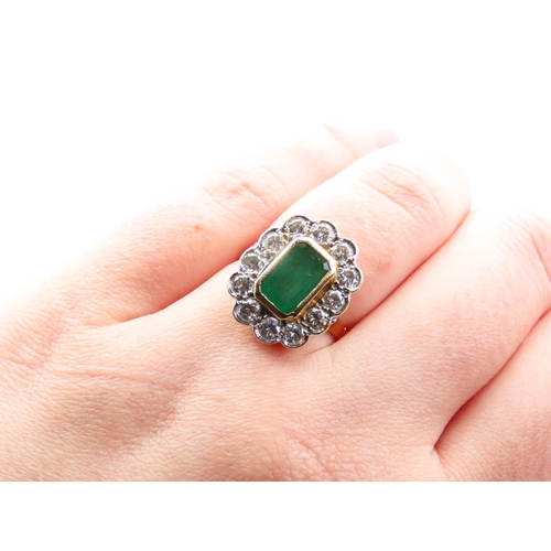 136 - Emerald and Diamond Cluster Ring Platinum Set Mounted on 18 Carat Yellow Gold Band Size N