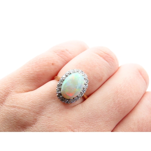 137 - Opal and Diamond Cluster Ring Mounted on 18 Carat Yellow Gold Band Ring Size O Good Pin Fire to Opal... 