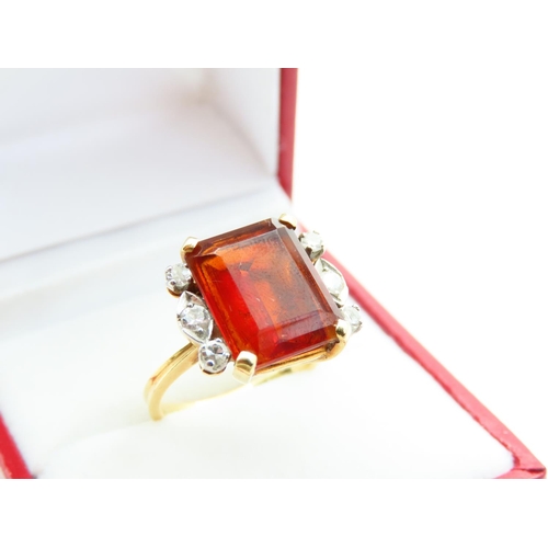 139 - Fire Citrine Cushion Cut with Diamonds to Either Side Mounted on 18 Carat Yellow Gold Band Four Claw... 