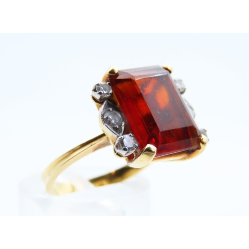 139 - Fire Citrine Cushion Cut with Diamonds to Either Side Mounted on 18 Carat Yellow Gold Band Four Claw... 