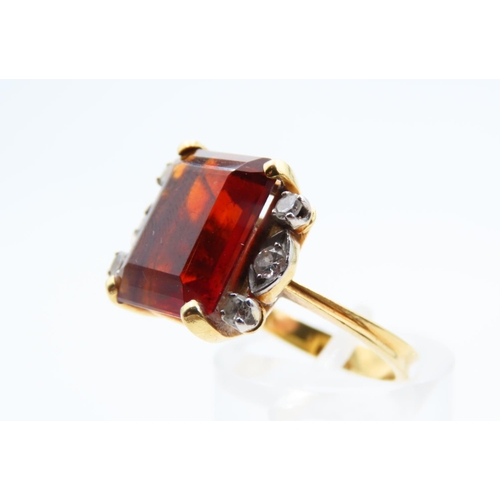 139 - Fire Citrine Cushion Cut with Diamonds to Either Side Mounted on 18 Carat Yellow Gold Band Four Claw... 