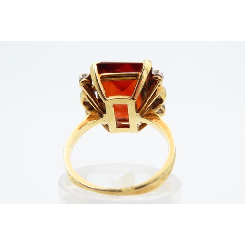 139 - Fire Citrine Cushion Cut with Diamonds to Either Side Mounted on 18 Carat Yellow Gold Band Four Claw... 