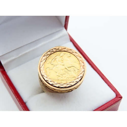 140 - Full Gold Sovereign Dated 1912 Mounted on 9 Carat Yellow Gold Band Ring Size R