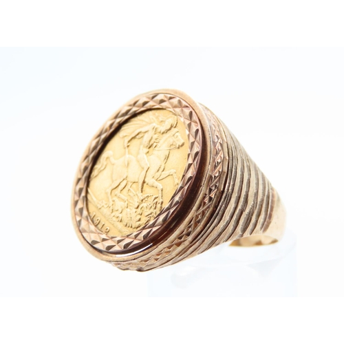 140 - Full Gold Sovereign Dated 1912 Mounted on 9 Carat Yellow Gold Band Ring Size R