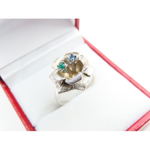 144 - Sapphire and Emerald Twin Stone Bloom Motif Ring Mounted on 10 Carat White Gold Band with Further 10... 