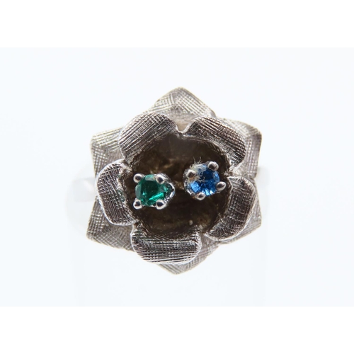 144 - Sapphire and Emerald Twin Stone Bloom Motif Ring Mounted on 10 Carat White Gold Band with Further 10... 