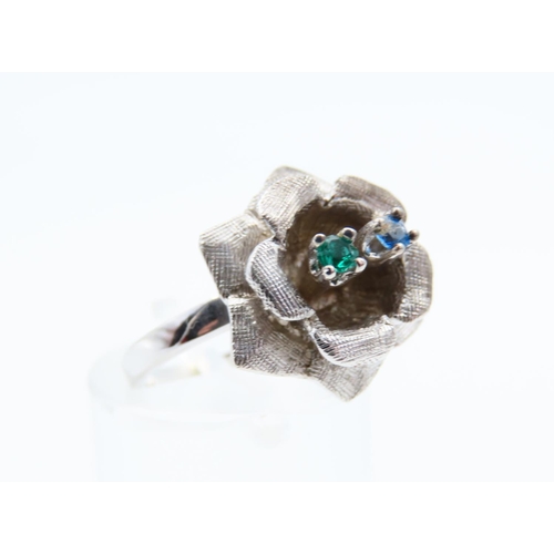 144 - Sapphire and Emerald Twin Stone Bloom Motif Ring Mounted on 10 Carat White Gold Band with Further 10... 