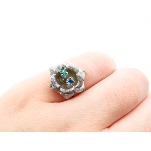 144 - Sapphire and Emerald Twin Stone Bloom Motif Ring Mounted on 10 Carat White Gold Band with Further 10... 