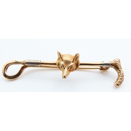 145 - 15 Carat Yellow Gold Fox Motif Hunting Crop Brooch 6cm Wide 8.5 Gram Weight