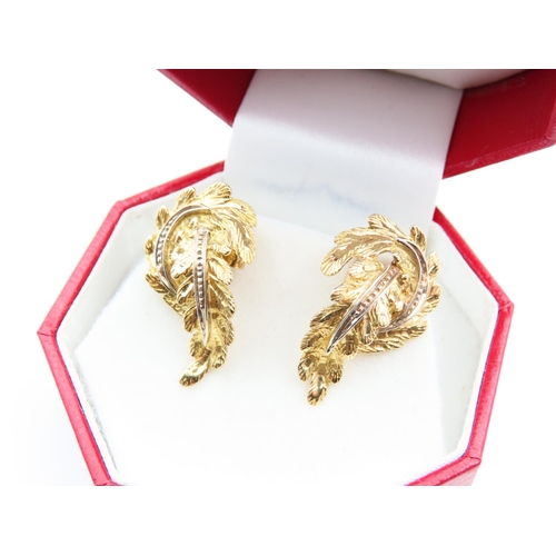 150 - Pair of 9 Carat Yellow and White Gold Leaf Motif Ladies Earrings Each 2.5cm High