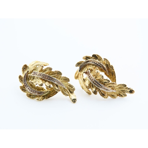 150 - Pair of 9 Carat Yellow and White Gold Leaf Motif Ladies Earrings Each 2.5cm High