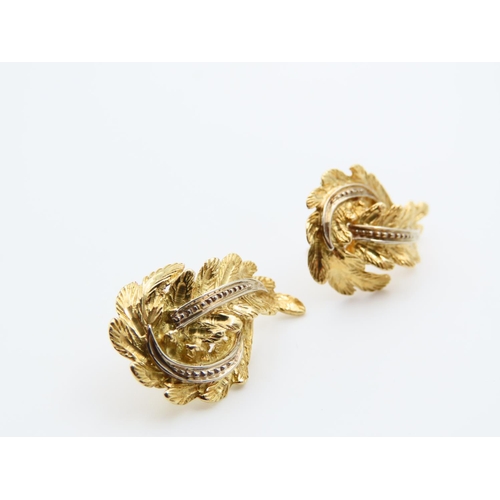 150 - Pair of 9 Carat Yellow and White Gold Leaf Motif Ladies Earrings Each 2.5cm High