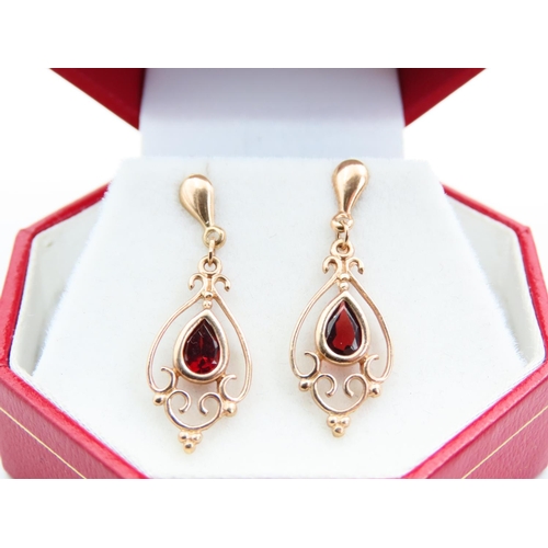 157 - Pair of Red Garnet Inset Drop Earrings 9 Carat Yellow Gold Each Earring 2.5cm Drop  Approximately At... 