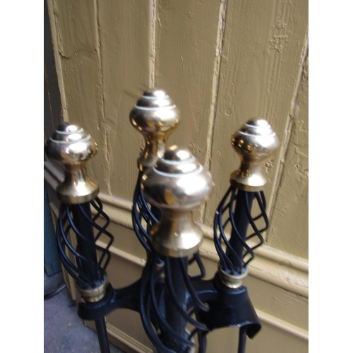 1574 - Set of Fire Irons with Integral Rest Cast Metal Brass Finial Decoration to Each