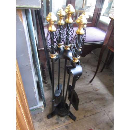 1574 - Set of Fire Irons with Integral Rest Cast Metal Brass Finial Decoration to Each