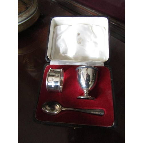 1575 - Silver Egg Cup and Spoon with Matching Napkin Contained within Presentation Case