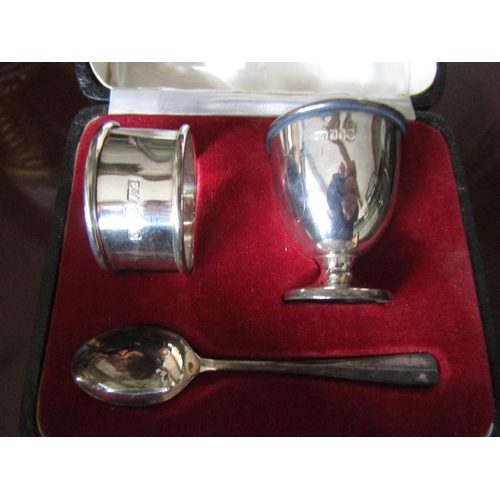 1575 - Silver Egg Cup and Spoon with Matching Napkin Contained within Presentation Case