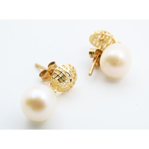 159 - Pair of Pearl Drop Earrings Set on 9 Carat Yellow Gold Each Earring 2cm Drop Attractively Detailed