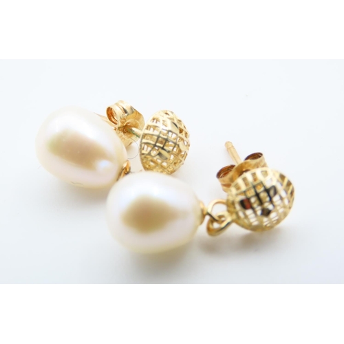 159 - Pair of Pearl Drop Earrings Set on 9 Carat Yellow Gold Each Earring 2cm Drop Attractively Detailed