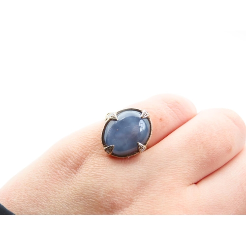 169 - Star Sapphire Cabochon Cut Centre Stone Ring Four Claw Setting Further Diamond Decoration to Surroun... 