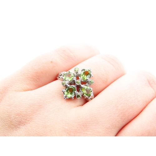 170 - Peridot Ladies Cluster Ring Mounted on 9 Carat White Gold Band Attractively Detailed Size P and a Ha... 