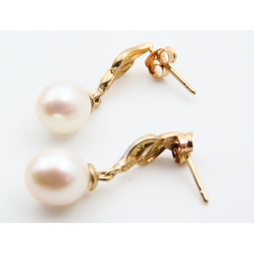 174 - Pair of Pearl and Diamond Set Ladies Drop Earrings Each 2cm High Mounted in 9 Carat Yellow Gold